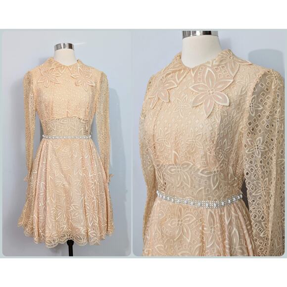 50s/60s Lace Midriff Dress with Rhinestone Waist - Picture 1 of 6